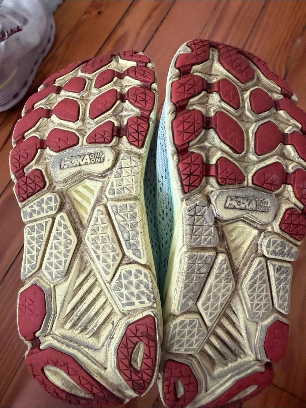Hoka Women's Light Mint Athletic Shoes with Yellow Midsole and Coral Logo size 7